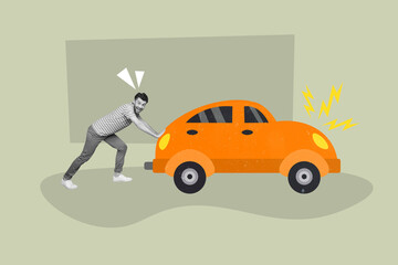 Creative photo 3d collage artwork poster postcard of young guy push car to charge station isolated...