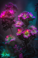 Fototapeta na wymiar Purple, vivid color, creative, Spring concept of fresh, meadow flowers and leaves in the fog and smoke. Floral illustration. Close up shot. Colorful tones and colors. Generative AI.