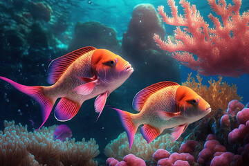 Fototapeta premium Picture of anthias fishes in the Mediterranean Sea underwater. Generative AI