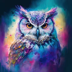 Peel and stick wall murals Owl Cartoons Portrait of a colorful owl watercolors technique illustrated. Wild animal night bird close up. Vivid tones and colors. Generative AI.