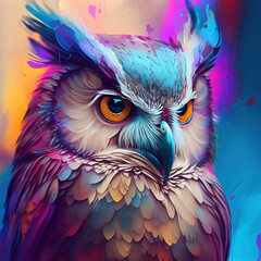 Portrait of a colorful owl watercolors technique illustrated. Wild animal night bird close up. Vivid tones and colors. Generative AI.