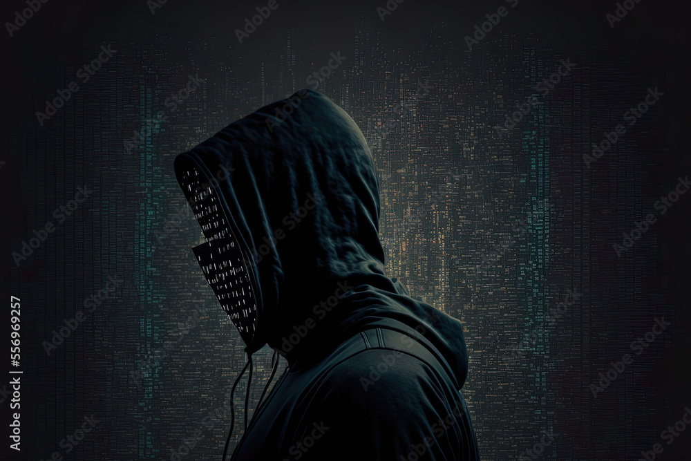 Poster hacker in profile wearing a mask. generative ai