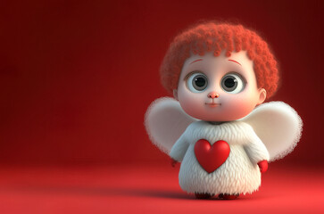 Love illustration of a little baby angel, a child who brings people together as a symbol of a couple relationship, Valentine's Day. Red white creative concept. Generative AI.