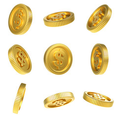 rendered illustration concept of golden coins, spinning set of gold coins in many different angles, isolated on white background