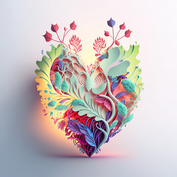 Colorful beautiful love heart made with origami paper technique. A card for Valentine's Day. Spring colors and decorative symbols, illustration. Generative AI.