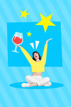 Photo artwork minimal collage picture of funky funny lady enjoying alcohol beverage isolated drawing background