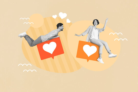 Creative retro 3d magazine collage image of funny funky couple falling in love online dating isolated painting background