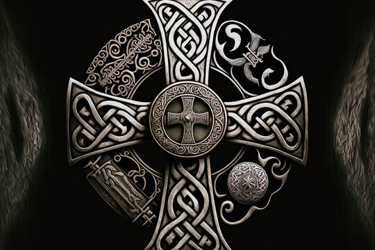 Christian and Celtic religious symbols on a cross. Generative AI