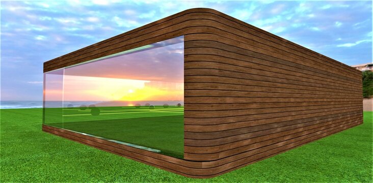 Affordable modular country house for a poor family. Panoramic energy saving window. Warm eco-friendly wooden facade. 3d rendering.