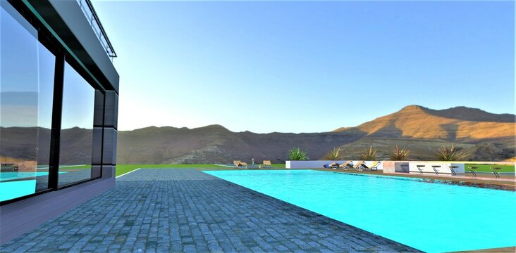 Amazing morning in the yard of the contemporary house with pool in the sunny mountains. 3d rendering.