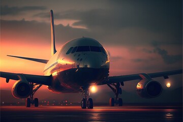 Fototapeta na wymiar Airplane standing at the airport. Sunset, waiting. AI Generative