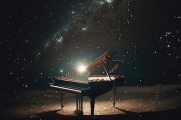 Piano with the universe as a background. Generative AI - obrazy, fototapety, plakaty