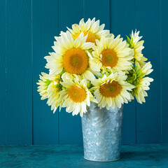 Beautiful bouquet of Jade sunflowers in a galvanized can.