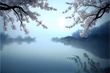 Stunning reflection of mist-covered mountains on calm waters, accentuated by ethereal cherry blossoms, capturing the meditation essence of nature's serene moments and peaceful ambiance. generative ai 