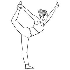Vector illustration of girl practicing yoga. Self care training, balance, meditation. Hand drawn doodle of pilates postures.