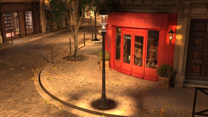 夜のパリの街並み 裏通り 商店 店じまいしたカフェ 街灯 石畳 歩道 細い道