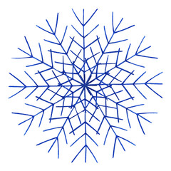Hand Drawn Christmas Snowfkake Isolated on White Background. New Year Illustration Drawn by Colored Pencil. Blue Snowflake. Winter Symbol of Christmas, xmas.