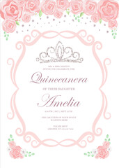Quinceanera Birthday celebration invitation card for Latin America girl in floral design theme decoration with tiara, beautiful flowers, leaves. Vector illustration.