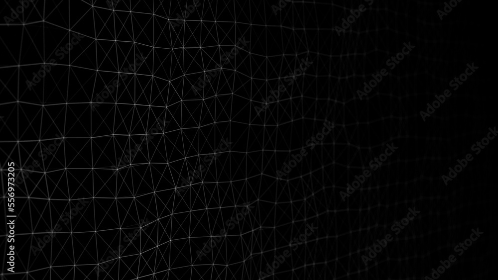 Poster Wave of digital particles on a black background. Abstract interlacing lines and points. Digital connection of elements. Simulation of the movement of small particles. 3D rendering.