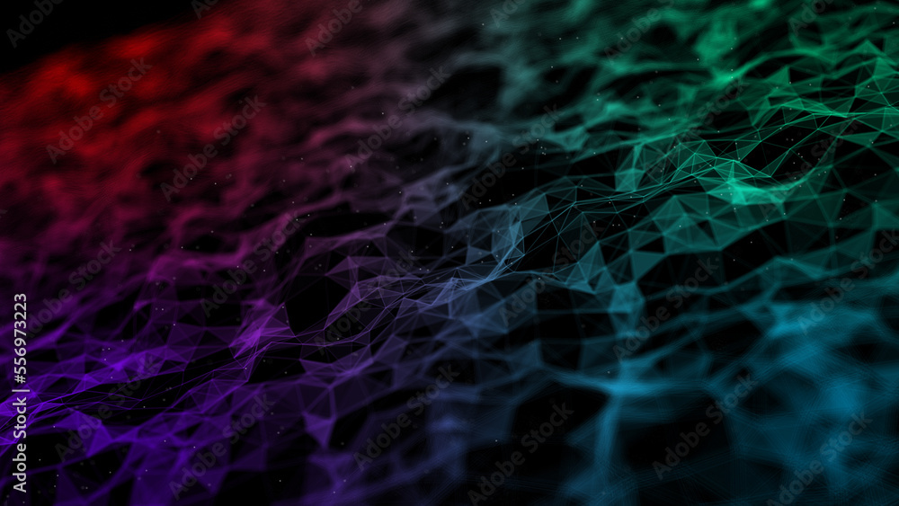 Poster Futuristic wave with lines and dots. Abstract background with a dynamic wave. Particle placement with hanging dots in space. Large data background. 3d rendering.