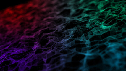 Futuristic wave with lines and dots. Abstract background with a dynamic wave. Particle placement with hanging dots in space. Large data background. 3d rendering.