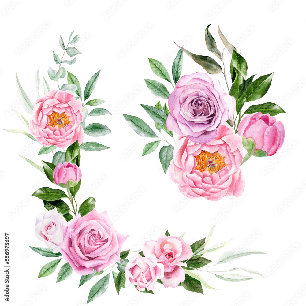 Wall mural Hand draw watercolor borders with pink roses, peonies and green leaves