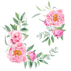 Hand draw watercolor borders with pink roses, peonies and green leaves