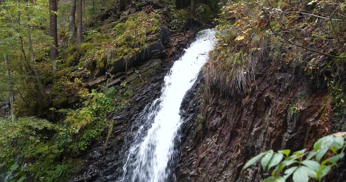 Zhenetskyi Huk waterfall or The Huk waterfall, Zhenets river, Carpathian National Park, Gorgany mountain ridge, western Ukraine. Cinema 4K 60fps video with sound