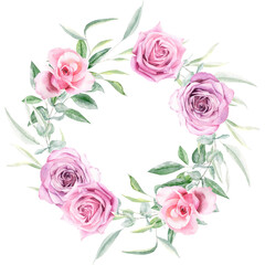 Watercolor wreath frame with pink roses and green leaves
