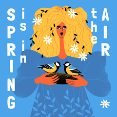 Spring is in the air illustration with a cute girl with a nest of tits in her hands and flowers in her hair