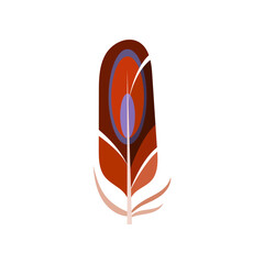 Colorful bird feather cartoon illustration. Graphic bright quill with abstract pattern for web design isolated on white background. Plumage concept