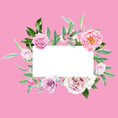Watercolor frame with pink rose, peony flowers and greenery