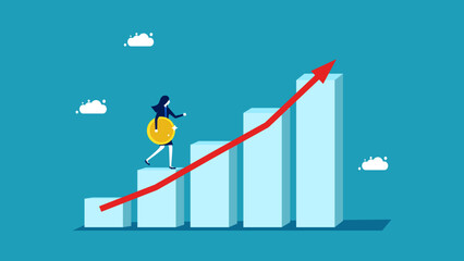 Income or profit from investments. Asset growth concept. Businesswoman holding big coin climbing on bar graph vector