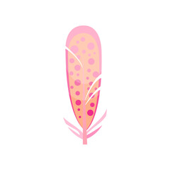 Pink bird feather with dots cartoon illustration. Graphic bright quill with abstract pattern for web design isolated on white background. Plumage concept.