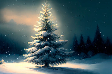 Christmas night with  pine tree covered with snow. Winter forest landscape scenery. New year eve background wallpaper.