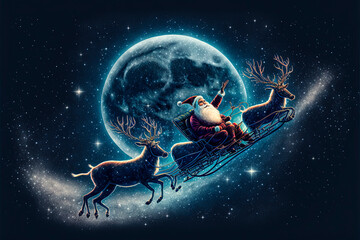 Obraz na płótnie Canvas Santa Claus flying in sleigh with reindeers above night sky at christmas eve. Winter holiday magic background.