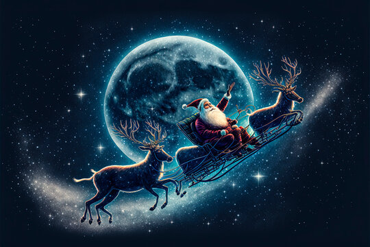 Santa Claus flying in sleigh with reindeers above night sky at christmas eve. Winter holiday magic background.