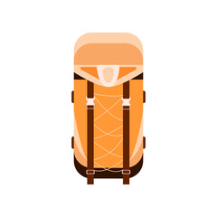 Orange hiking backpack cartoon illustration. Colorful knapsack for journey, trip, adventure and traveling isolated on white background. Luggage, carryon concept