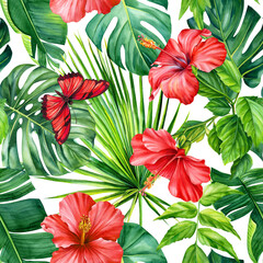 Tropical leaves, butterfly, hibiscus flowers. Floral background. Watercolor botanical illustration, Seamless pattern