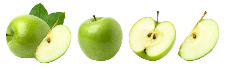 green apple with leaves, half and slice isolated, transparent png, collection, PNG format, collection, cut out