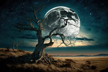 Washable wall murals Full moon and trees of a dead tree in the distance, the moon in the sky. Generative AI