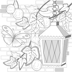 Brick wall with climbing ivy, lantern and butterfly for coloring book page. Vector illustration.