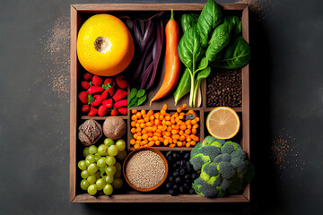 Healthy food clean eating selection in wooden box