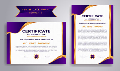 Diploma Certificate design with gold badge and border. Purple and gold color certificate award design template. Vector A4 size. - obrazy, fototapety, plakaty