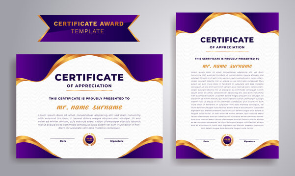 Creative purple and gold certificate design template. Simple elegant and luxurious in horizontal A4 size.