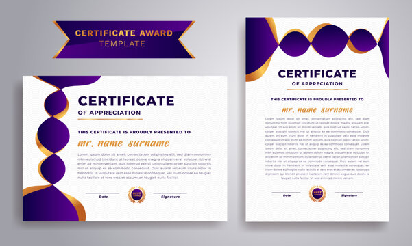 Modern Dynamic Diploma award certificate template design. Purple and gold color certificate award design template. Vector A4 size.