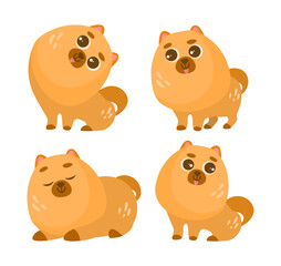 Adorable comic Pomeranian puppy vector illustrations set. Cartoon drawings of cheerful orange dog character sitting and standing isolated on white background. Pets, breeds, domestic animals concept