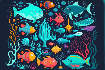 aquatic life. ocean and sea creatures cartoon fish illustration. Generative AI