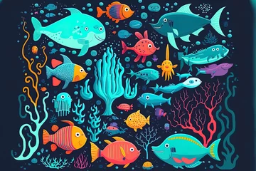Crédence de cuisine en verre imprimé Vie marine aquatic life. ocean and sea creatures cartoon fish illustration. Generative AI