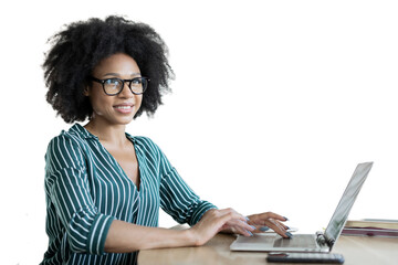 A woman smiling with glasses uses an office employee's laptop, isolated transparent background.